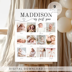 Signe d'anniversaire important, modèle d'affiche imprimable de la première année de bébé, panneau d'étape important du 1er anniversaire de bébé, signe de collage de photos du 1er anniversaire,151