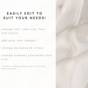 May include: Text on a white background that reads "EASILY EDIT TO SUIT YOUR NEEDS!" with a list of four bullet points: "change text, text size, font and colour", "add your own images", "change background colour", and "change element placement and size". The text at the bottom of the image reads "*unless stated otherwise in listing description".