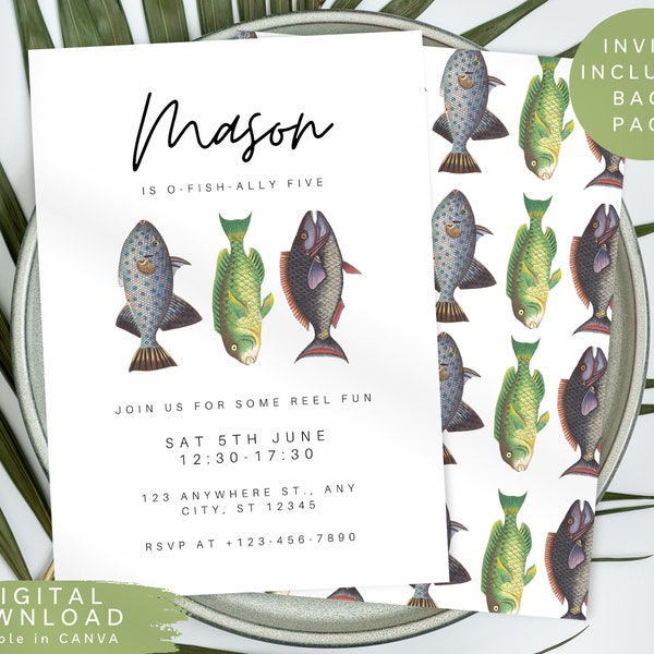 Editable any age fishing birthday invite, Green gone fishing birthday invite, Minimalistic fishing invite, Boys outdoor nature invite BIR34