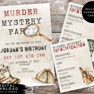 May include: A printable invitation for a murder mystery party. The invitation is decorated with a magnifying glass, a suitcase, and a hat. The text on the invitation reads "Murder Mystery Party" and "You're requested to join Jordan's Birthday".