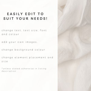 May include: Text on a white background that reads "EASILY EDIT TO SUIT YOUR NEEDS!" with a list of four bullet points: "change text, text size, font and colour", "add your own images", "change background colour", and "change element placement and size". The text at the bottom of the image reads "*unless stated otherwise in listing description".