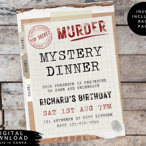 Murder Mystery Dinner Einladung, Mystery Geburtstagsessen einladen, Tatort einladen, FBI Einladung, bearbeitbare Escape Room einladen 186