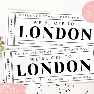 Bearbeitbares Boarding Flugzeugticket, Überraschungsreisegutschein, Gutschein für Urlaubsziel, London Urlaubsflugticket, personalisiertes Geschenk, 087