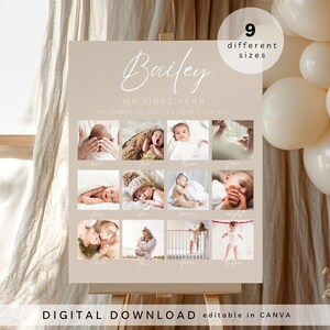 Peut inclure: Une affiche beige avec le texte "Bailey My First Year" et neuf petites photos d'un bébé. L'affiche est sur un chevalet, avec des ballons en arrière-plan. Le texte "DIGITAL DOWNLOAD editable in CANVA" est en bas.