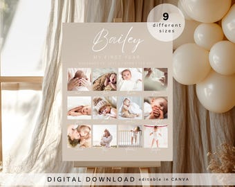 Peut inclure: Une affiche beige avec le texte "Bailey My First Year" et neuf petites photos d'un bébé. L'affiche est sur un chevalet, avec des ballons en arrière-plan. Le texte "DIGITAL DOWNLOAD editable in CANVA" est en bas.