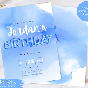 Foil balloon birthday invite, Blue girl birthday invite, Teenager Party Invite, Blue Surprise party Invite, Watercolour Birthday Invite,BIR5