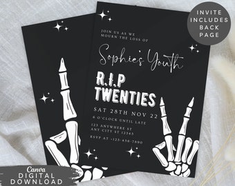 RIPs to twenty party Invitation, Skull Halloween Invite, Death to 20s invite, Goth skull party invite, thirtieth birthday invite, 042