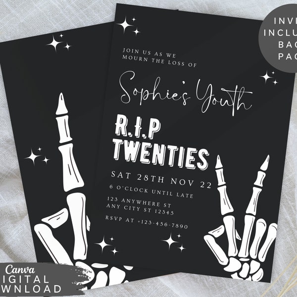 RIPs to twenty party Invitation, Skull Halloween Invite, Death to 20s invite, Goth skull party invite, thirtieth birthday invite, 042