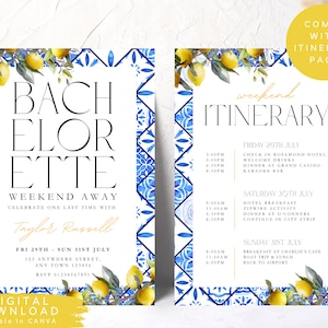 Invitación de despedida de soltera mediterránea, invitación de itinerario de fin de semana de despedida de soltera con azulejos españoles, invitación de despedida de soltera con cítricos, invitación de novia con frutas de limones, 344