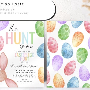 May include: An invitation to an Easter egg hunt featuring a watercolour illustration of a bunny rabbit and colourful eggs. The text reads "The Hunt is On" and includes details about the event, such as the date, time, and location. The back of the invitation features a pattern of colourful eggs.