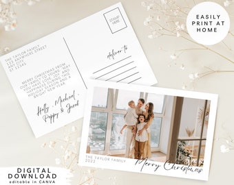 Postcard Photo Holiday Card Template, Minimalist Photo Holiday Card, Editable Family Picture Holiday Postcard, Family Christmas Postcard,094