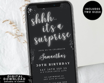 Shhh... it's a surprise e-invite, surprise neon party invite, Text Message Invitation, Mobile Phone invite, silver neon birthday invite, 246