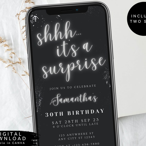 Shhh... it's a surprise e-invite, surprise neon party invite, Text Message Invitation, Mobile Phone invite, silver neon birthday invite, 246