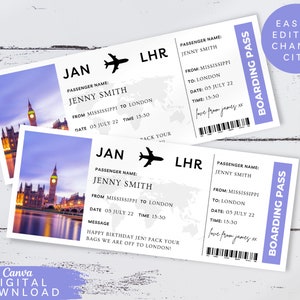 Billet d'avion d'embarquement modifiable pour Londres, bon d'impression voyage surprise, bon pour une destination de vacances, bon cadeau billet d'avion pour les vacances, 077