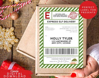 Elf mail shipping label, Santa shipping label, North Pole sticker label, Christmas package sticker, Editable gift tag, elf post label, 095