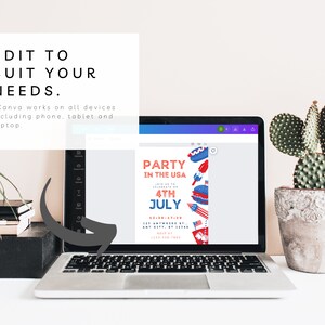Peut inclure: Un &eacute;cran d'ordinateur portable affichant une invitation &agrave; une f&ecirc;te du 4 juillet avec des graphismes rouge, blanc et bleu. Le texte de l'invitation indique "Party in the USA" et "4th July".