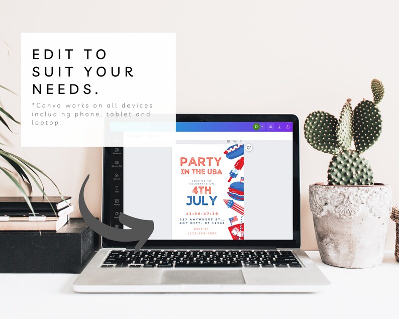 Peut inclure: Un &eacute;cran d'ordinateur portable affichant une invitation &agrave; une f&ecirc;te du 4 juillet avec des graphismes rouge, blanc et bleu. Le texte de l'invitation indique "Party in the USA" et "4th July".