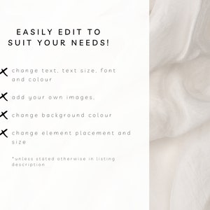 Peut inclure: Un fond blanc avec du texte noir qui dit "EASILY EDIT TO SUIT YOUR NEEDS!" et quatre puces avec un symbole de croix noire &agrave; c&ocirc;t&eacute; de chacune. Les puces indiquent : "change text, text size, font and colour", "add your own images", "change background colour", et "change element placement and size". Le texte en bas indique "*unless stated otherwise in listing description".