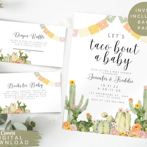 Fiesta baby shower invite, baby shower diaper raffle, Books for baby card, Mexican invite, couples shower, pastel digital Download, SET1
