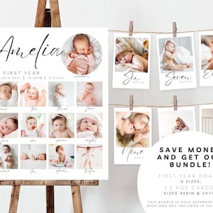 Peut inclure: Un tableau blanc avec un collage de photos en noir et blanc d'une petite fille pendant sa premi&egrave;re ann&eacute;e. Le tableau affiche le nom de la petite fille "Amelia" &eacute;crit en cursive noire en haut. Le tableau comprend &eacute;galement le texte "Ma premi&egrave;re ann&eacute;e" et la date et l'heure de naissance de la petite fille. Le tableau est entour&eacute; de 13 cartes photo plus petites, chacune avec une photo de la petite fille &agrave; un &acirc;ge diff&eacute;rent. Les cartes photo sont accroch&eacute;es &agrave; une ficelle avec des pinces &agrave; linge. Le texte "&Eacute;conomisez de l'argent et obtenez notre forfait !" est &eacute;crit en noir sur fond blanc. Le texte "Tableau de la premi&egrave;re ann&eacute;e (9 tailles) 13 cartes d'&acirc;ge (Tailles 4x6 pouces et 5x7 pouces) Ce forfait est vendu s&eacute;par&eacute;ment dans notre boutique et n'est pas inclus dans cette liste" est &eacute;crit en noir sur fond blanc.