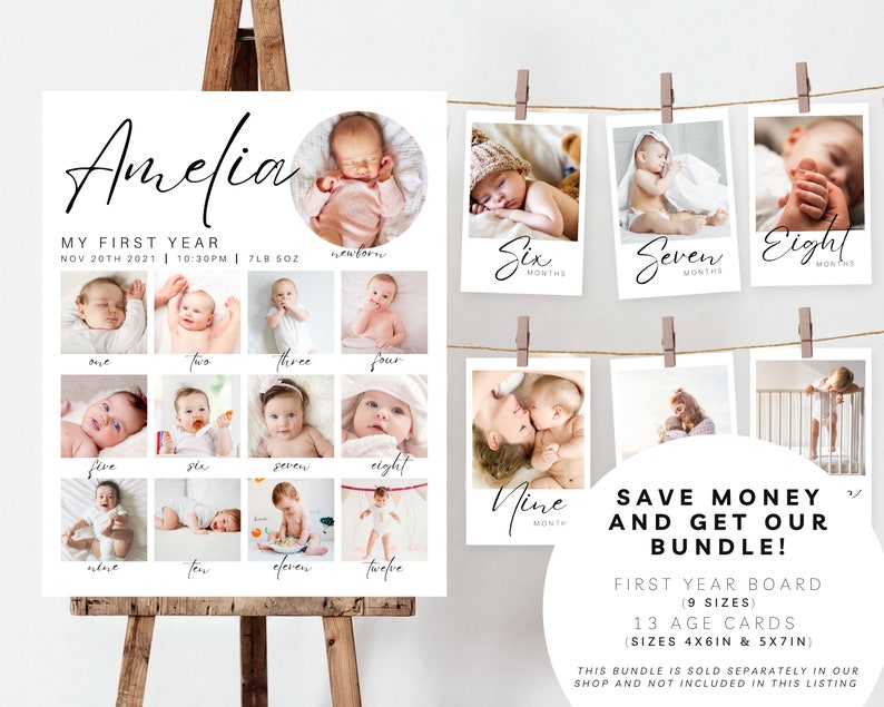 Peut inclure: Un tableau blanc avec un collage de photos en noir et blanc d'une petite fille pendant sa premi&egrave;re ann&eacute;e. Le tableau affiche le nom de la petite fille "Amelia" &eacute;crit en cursive noire en haut. Le tableau comprend &eacute;galement le texte "Ma premi&egrave;re ann&eacute;e" et la date et l'heure de naissance de la petite fille. Le tableau est entour&eacute; de 13 cartes photo plus petites, chacune avec une photo de la petite fille &agrave; un &acirc;ge diff&eacute;rent. Les cartes photo sont accroch&eacute;es &agrave; une ficelle avec des pinces &agrave; linge. Le texte "&Eacute;conomisez de l'argent et obtenez notre forfait !" est &eacute;crit en noir sur fond blanc. Le texte "Tableau de la premi&egrave;re ann&eacute;e (9 tailles) 13 cartes d'&acirc;ge (Tailles 4x6 pouces et 5x7 pouces) Ce forfait est vendu s&eacute;par&eacute;ment dans notre boutique et n'est pas inclus dans cette liste" est &eacute;crit en noir sur fond blanc.