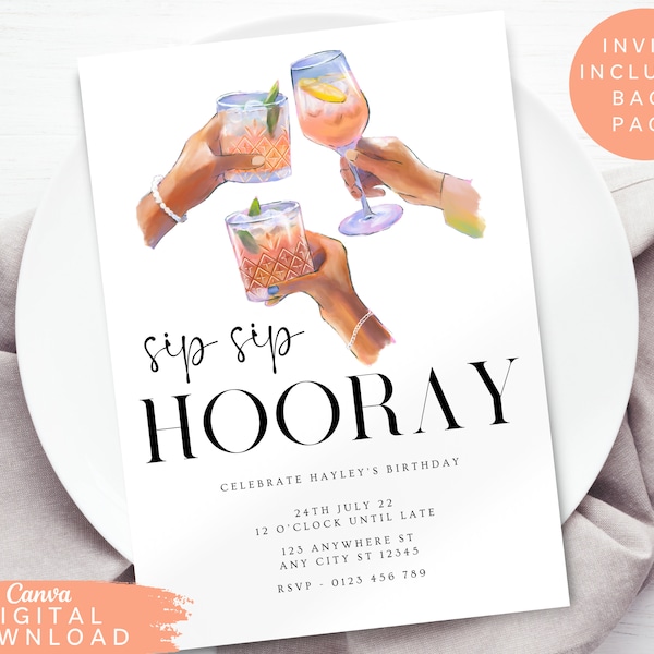 Sip Sip Hooray Invite, Minimal Birthday Brunch Party Invitation, Prosecco Party Birthday Invite, Coctail Girls night invite, Hen Invite, 061