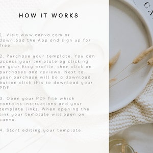 May include: A white background with black text explaining how to purchase and use a digital template. The text reads "HOW IT WORKS" and includes four numbered steps. The image also includes a white plate with a beige knitted surface and dried beige flowers.