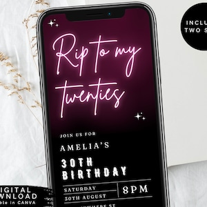Neon 30th birthday invite, Neon RIP to my twenties electronic invite, Neon death to my youth Invite, Thirtieth Birthday Invitation, 250