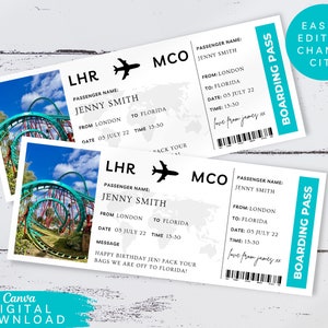 Bearbeitbares Florida Boarding Plane Ticket, Print Surprise Trip Voucher, Urlaubsziel Gutschein, Orlando Airline Ticket Geschenkgutschein, 077