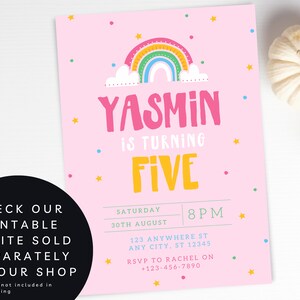 May include: Pink printable birthday invitation with a rainbow and clouds. The text reads "Yasmin is turning five" with a date and time for the party.  RSVP information is included.