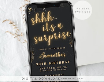 Shhh... it&#39;s a surprise e-invite, surprise neon party invite, Text Message Invitation, Mobile Phone invite, gold neon birthday invite, 246