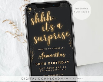 Shhh... it's a surprise e-invite, surprise neon party invite, Text Message Invitation, Mobile Phone invite, gold neon birthday invite, 246