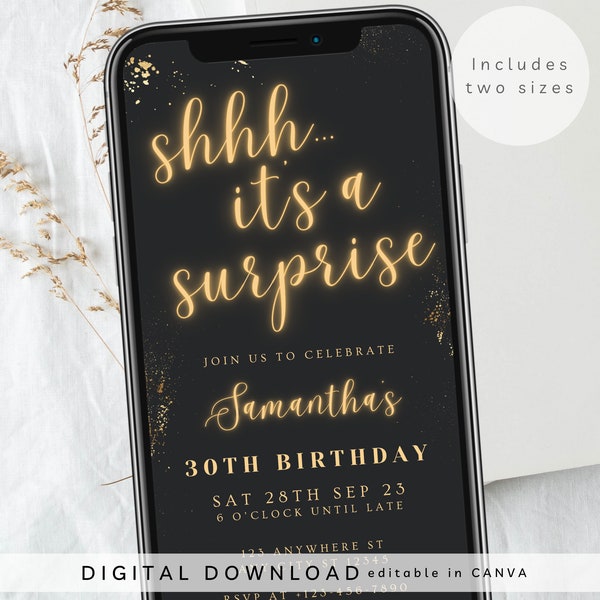 Shhh... it's a surprise e-invite, surprise neon party invite, Text Message Invitation, Mobile Phone invite, gold neon birthday invite, 246