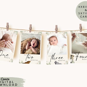 Monthly milestone birthday banner, printable first birthday banner, baby 1st birthday milestone board, neutral 1st Birthday Photo cards, 121