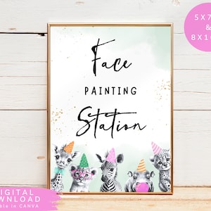 Peut inclure: Une affiche imprimable pour un stand de peinture sur visage lors d'une fête. L'affiche a un fond aquarelle avec des paillettes dorées et dit "Face Painting Station" en écriture cursive noire. Quatre animaux avec des chapeaux de fête dépassent du bas de l'affiche : une girafe, un lion, un zèbre et un hippopotame.