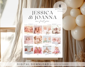 Signe d'anniversaire de jalon de jumeaux, modèle d'affiche imprimable de la première année de bébé, panneau d'étape de jalon de 1er anniversaire de bébé, signe de 1er anniversaire de jumeaux, 258