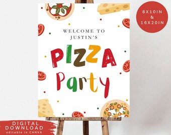 May include: Printable pizza party sign with the text "Welcome to Justin's Pizza Party" in colorful letters. The sign is decorated with pizza slices, cheese wedges, and tomato slices. The sign is available in 8x10 inches and 16x20 inches.