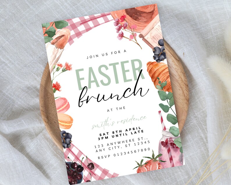 Inbjudan till påskbrunch, påskpicknickfest, inbjudan till påskäggsbrunch, pastellfärgad påskinbjudan, picknickfestinbjudan, inbjudan till eftermiddagste, 202 bild 2