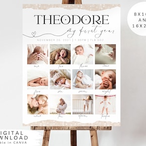 Signe d'anniversaire important, modèle d'affiche imprimable de la première année de bébé, panneau d'étape important du 1er anniversaire de bébé, signe de collage de photo du 1er anniversaire,072