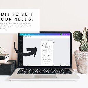 May include: A laptop computer screen displaying a printable birthday party invitation with the text "Shhh, it's a surprise" and "Amanda's 30th Birthday". The text is in a black font on a white background. The laptop is on a white desk with a cactus plant in a pot to the right.