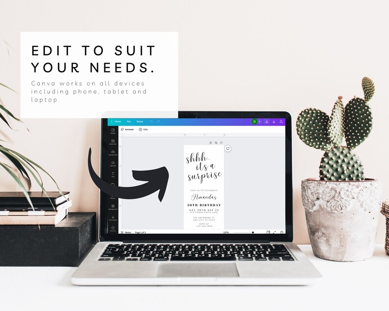 May include: A laptop computer screen displaying a printable birthday party invitation with the text "Shhh, it's a surprise" and "Amanda's 30th Birthday". The text is in a black font on a white background. The laptop is on a white desk with a cactus plant in a pot to the right.