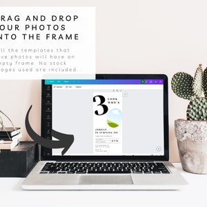 May include: A laptop screen displaying a birthday invitation template with a green and blue landscape design. The text on the invitation reads "Look Who's 3" and "Jordan is turning 30".
