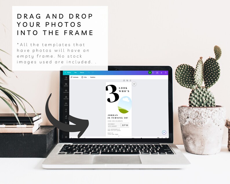 May include: A laptop screen displaying a birthday invitation template with a green and blue landscape design. The text on the invitation reads "Look Who's 3" and "Jordan is turning 30".