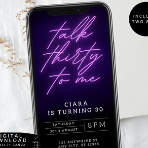 Neon 30th birthday invite, Talk Thirty to me electronic invite, Purple Neon Digital Invite, Thirtieth Birthday Text Message Invitation,247