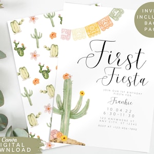 Fiesta birthday invitation, first fiesta party, fiesta party invite, Mexican invite, pastel cactus birthday invite, digital Download, SET1