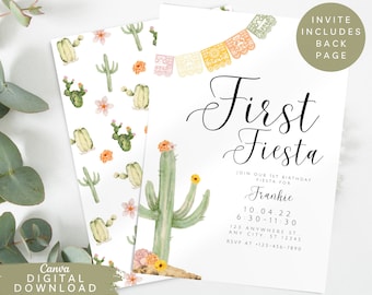 Fiesta birthday invitation, first fiesta party, fiesta party invite, Mexican invite, pastel cactus birthday invite, digital Download, SET1