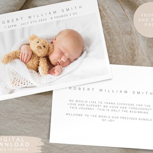 Editable Birth Announcement, Newborn Thank You Card, Newborn Welcome Postcard, Baby Announcement Card, Printable Baby Birth Card, 144