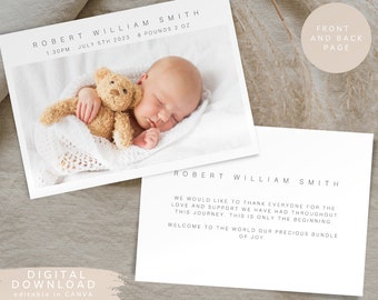 Editable Birth Announcement, Newborn Thank You Card, Newborn Welcome Postcard, Baby Announcement Card, Printable Baby Birth Card, 144