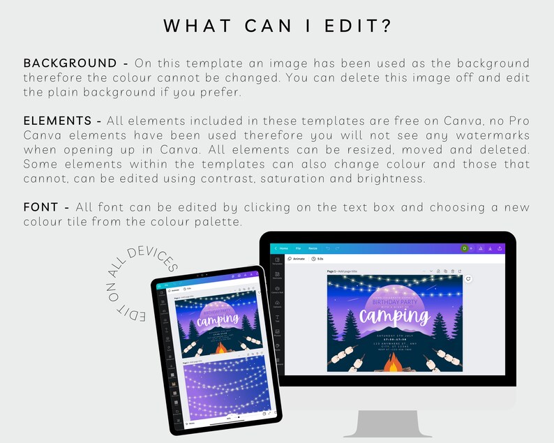 May include: A Canva screen displaying a purple and blue camping birthday party invitation featuring a campfire, marshmallows, and fairy lights. The text on the invitation reads "Birthday Party Camping". The screen indicates that the invitation can be edited on all devices.