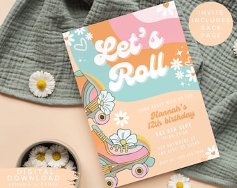 Let’s roll skating Birthday Invite, Roller skate Kids Party Invite, Retro roller skating Invite, Rainbow rollerblade birthday Invite,  228